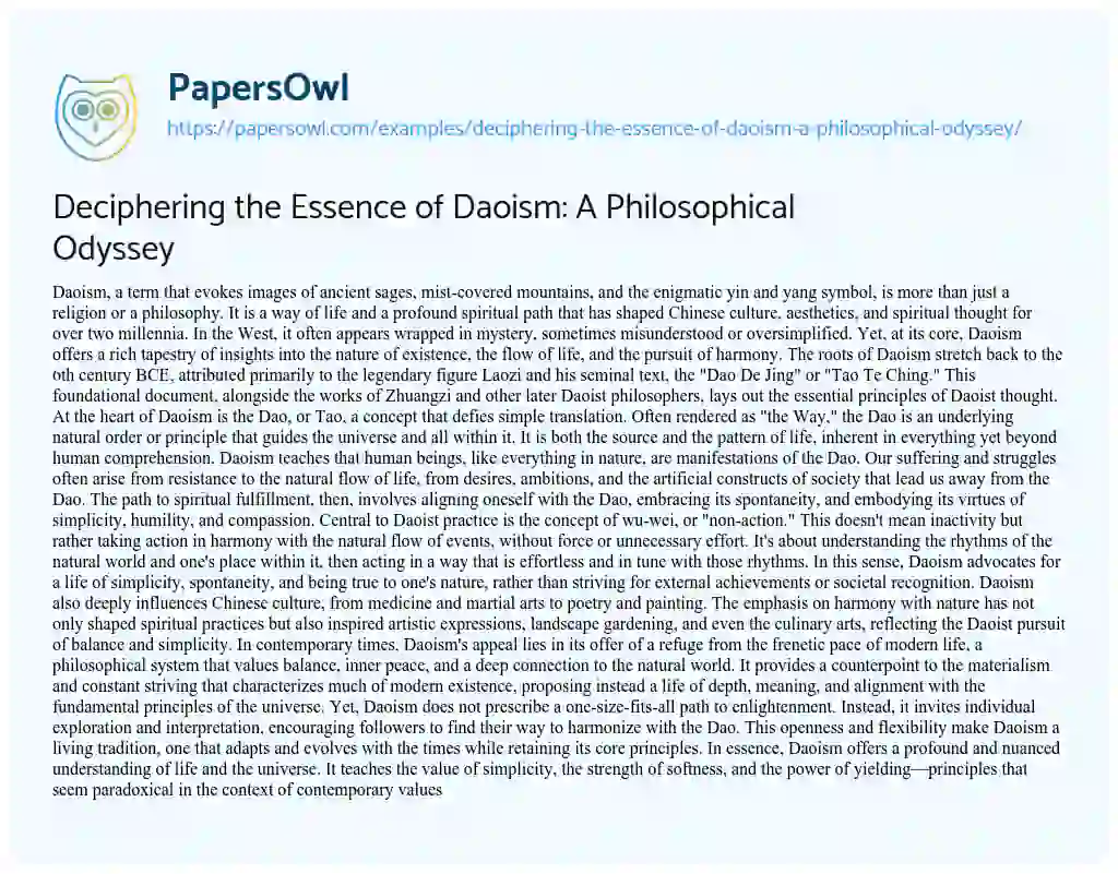 Essay on Deciphering the Essence of Daoism: a Philosophical Odyssey