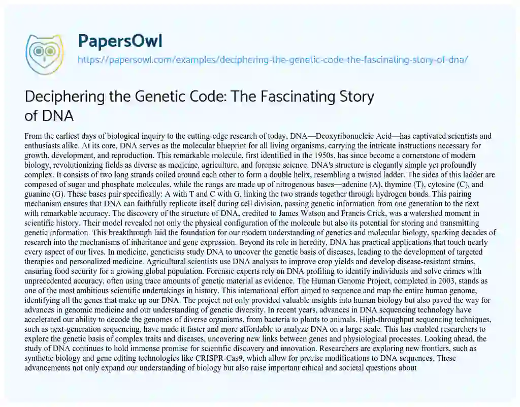 Essay on Deciphering the Genetic Code: the Fascinating Story of DNA
