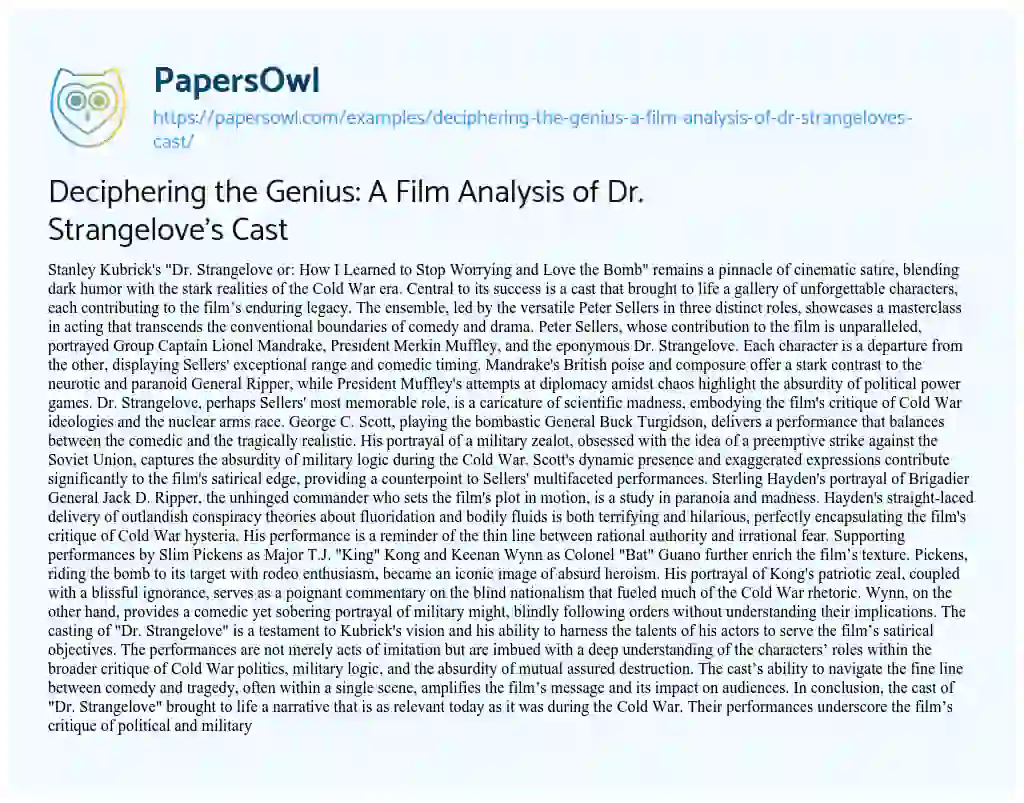 Essay on Deciphering the Genius: a Film Analysis of Dr. Strangelove’s Cast