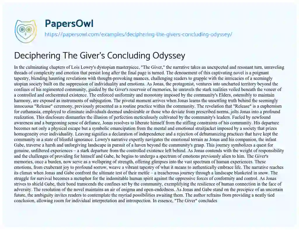 Essay on Deciphering the Giver’s Concluding Odyssey