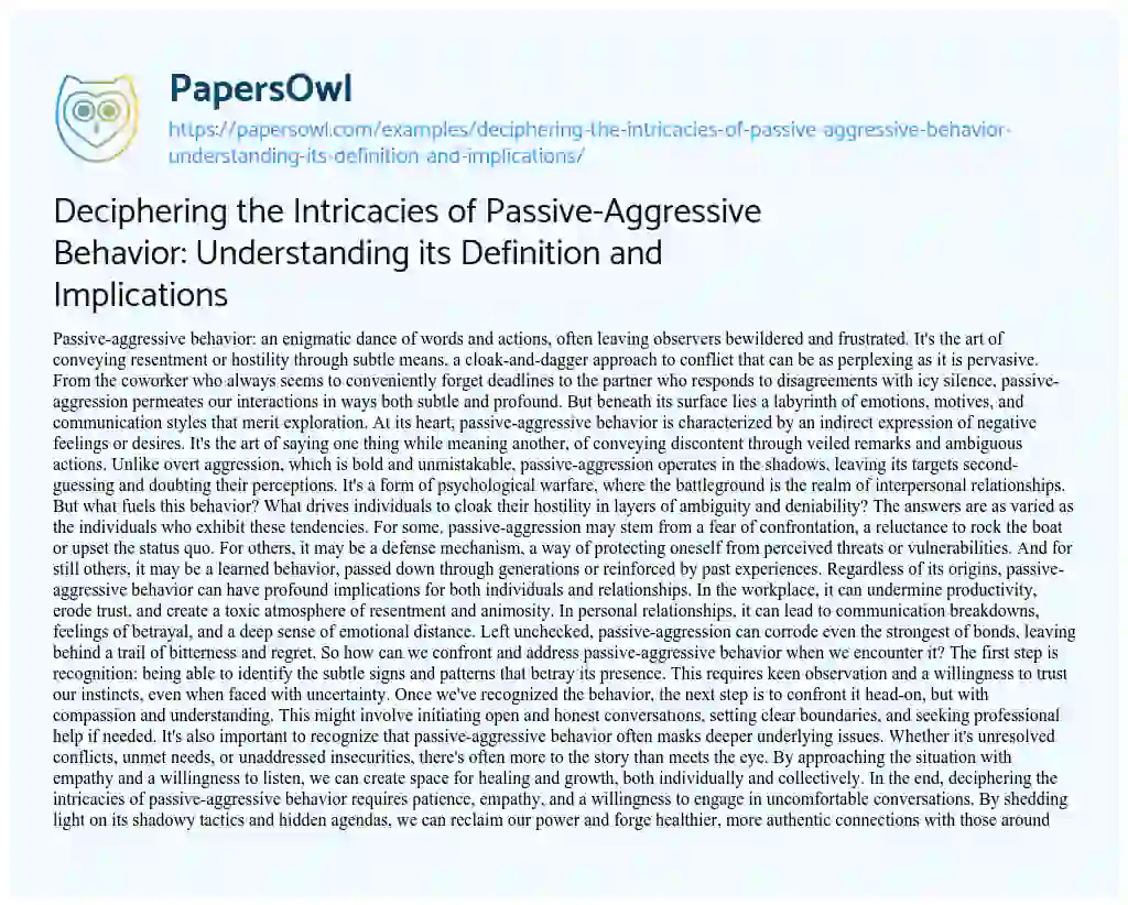 Essay on Deciphering the Intricacies of Passive-Aggressive Behavior: Understanding its Definition and Implications