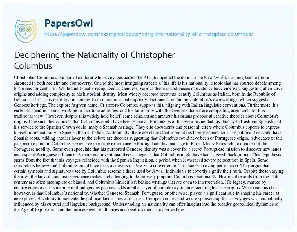 Essay on Deciphering the Nationality of Christopher Columbus