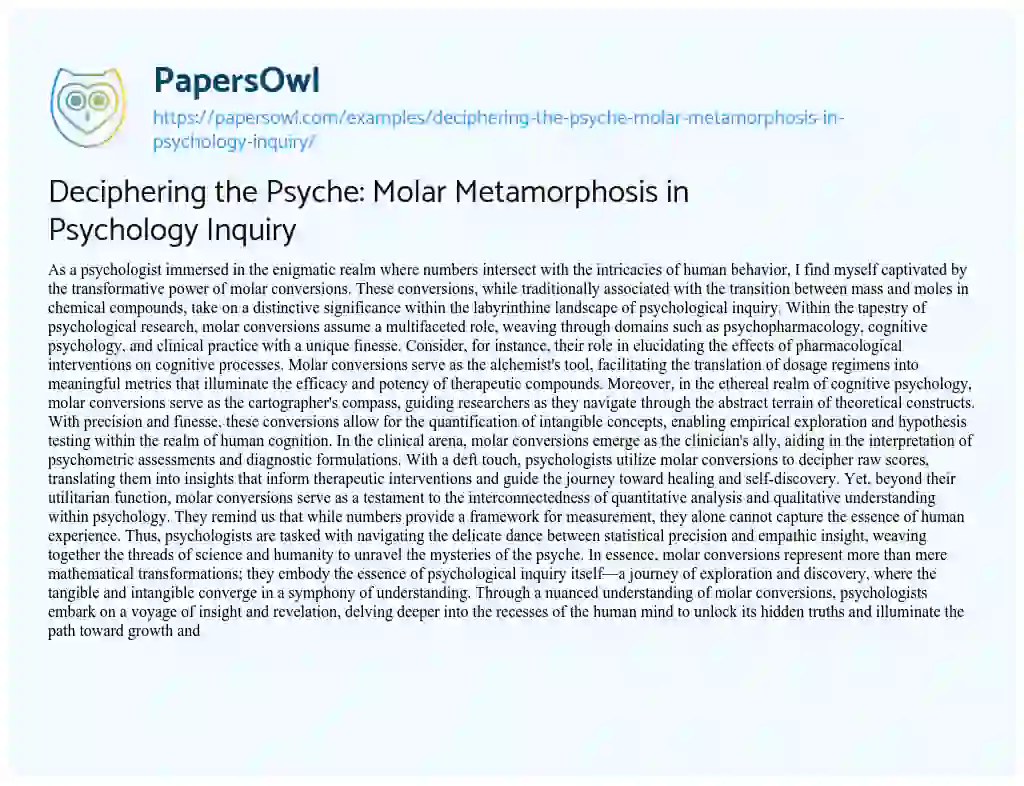 Essay on Deciphering the Psyche: Molar Metamorphosis in Psychology Inquiry