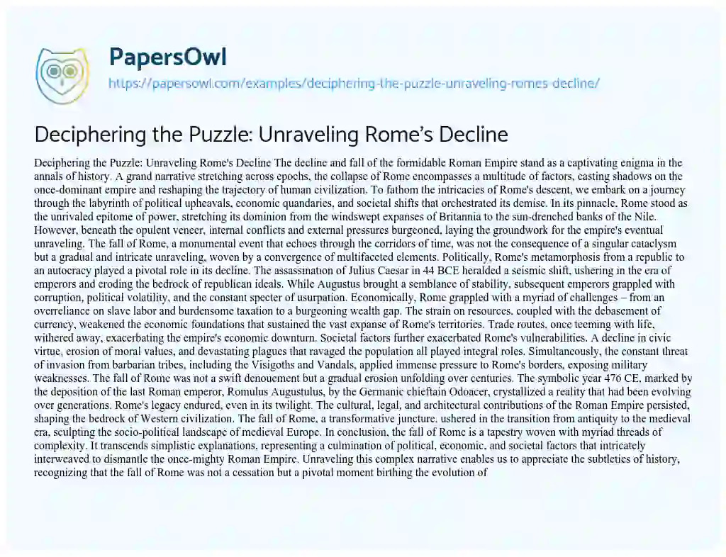 Essay on Deciphering the Puzzle: Unraveling Rome’s Decline