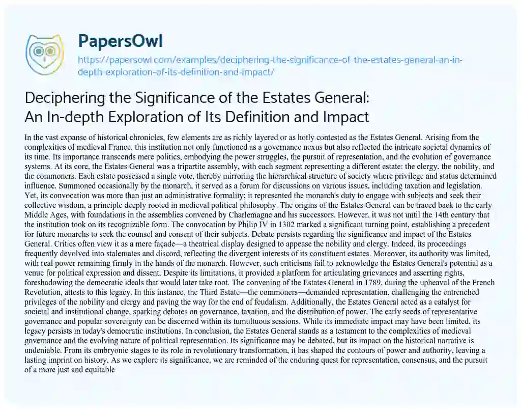 Essay on Deciphering the Significance of the Estates General: an In-depth Exploration of its Definition and Impact