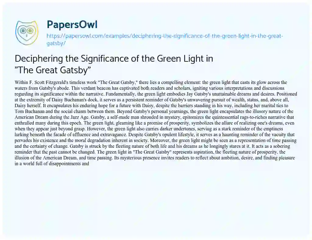 Essay on Deciphering the Significance of the Green Light in “The Great Gatsby”