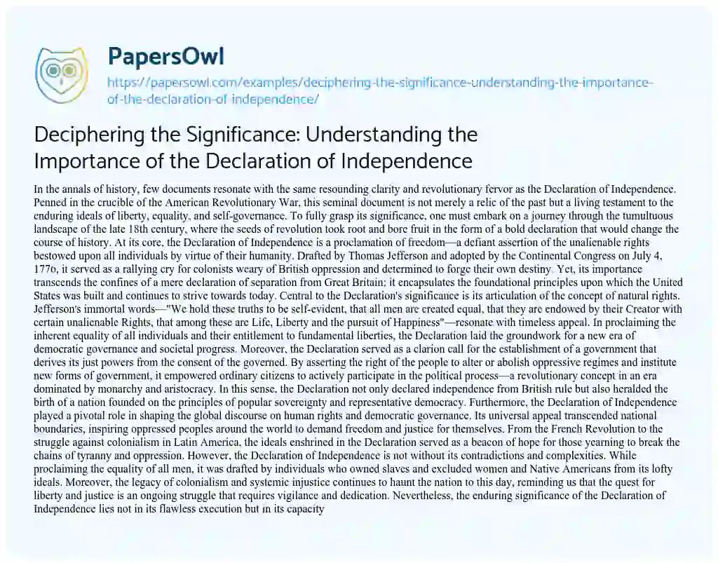 Essay on Deciphering the Significance: Understanding the Importance of the Declaration of Independence