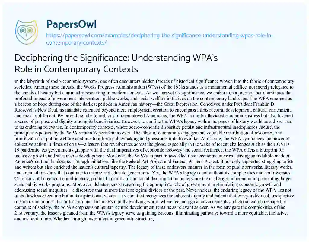Essay on Deciphering the Significance: Understanding WPA’s Role in Contemporary Contexts
