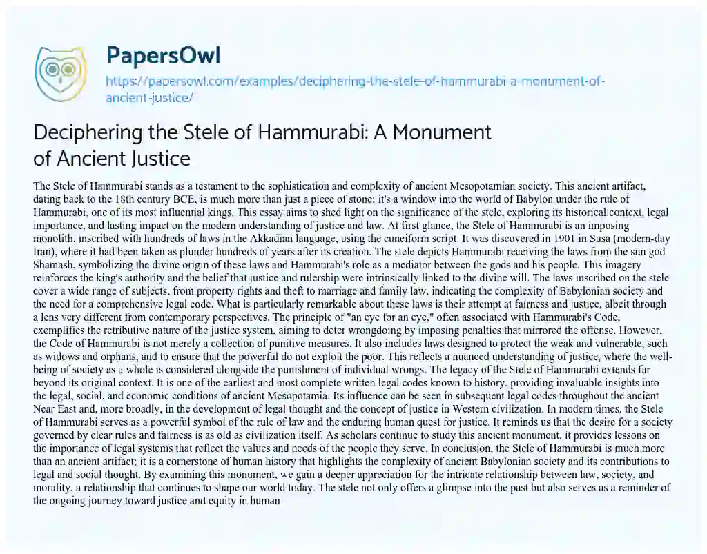 Essay on Deciphering the Stele of Hammurabi: a Monument of Ancient Justice