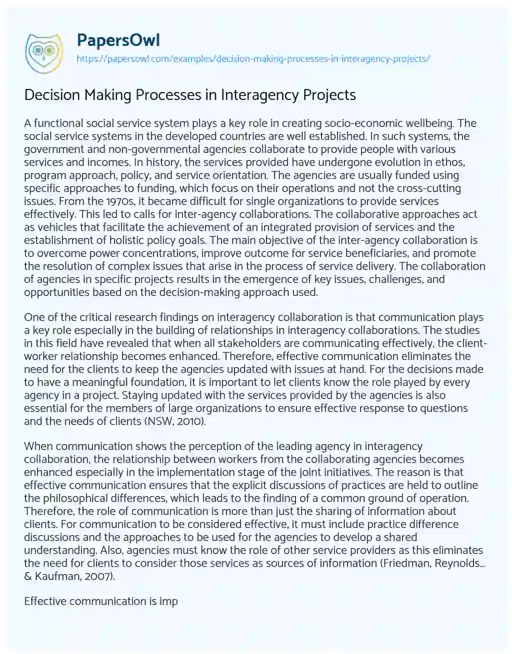 Essay on Decision Making Processes in Interagency Projects