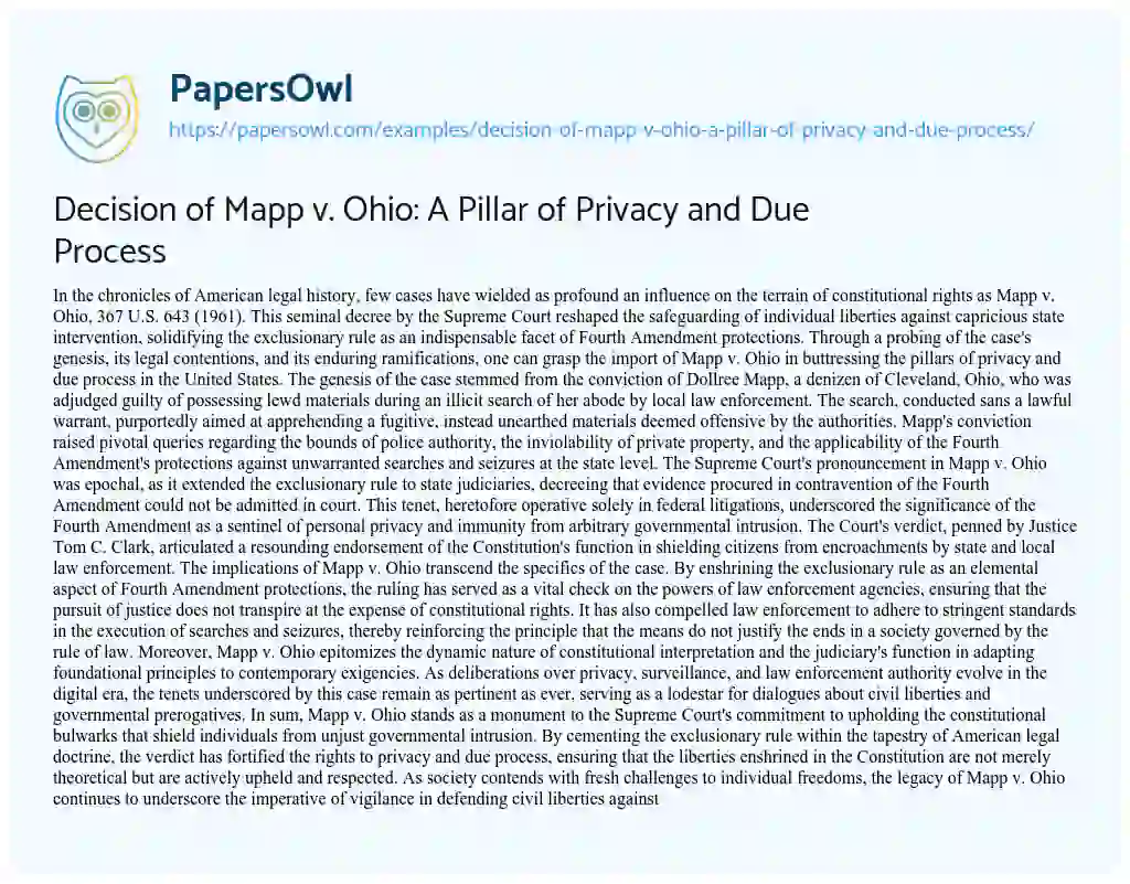 Essay on Decision of Mapp V. Ohio: a Pillar of Privacy and Due Process