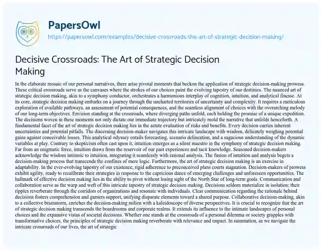 Essay on Decisive Crossroads: the Art of Strategic Decision Making