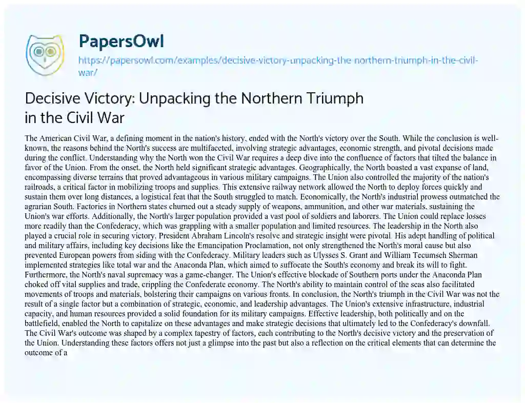 Essay on Decisive Victory: Unpacking the Northern Triumph in the Civil War