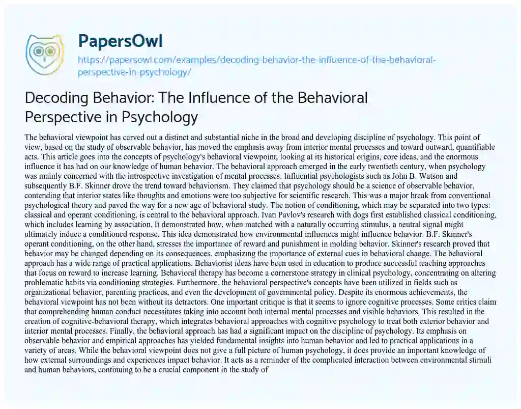 Essay on Decoding Behavior: the Influence of the Behavioral Perspective in Psychology