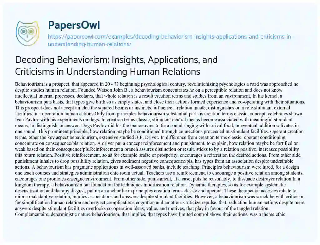 Essay on Decoding Behaviorism: Insights, Applications, and Criticisms in Understanding Human Relations