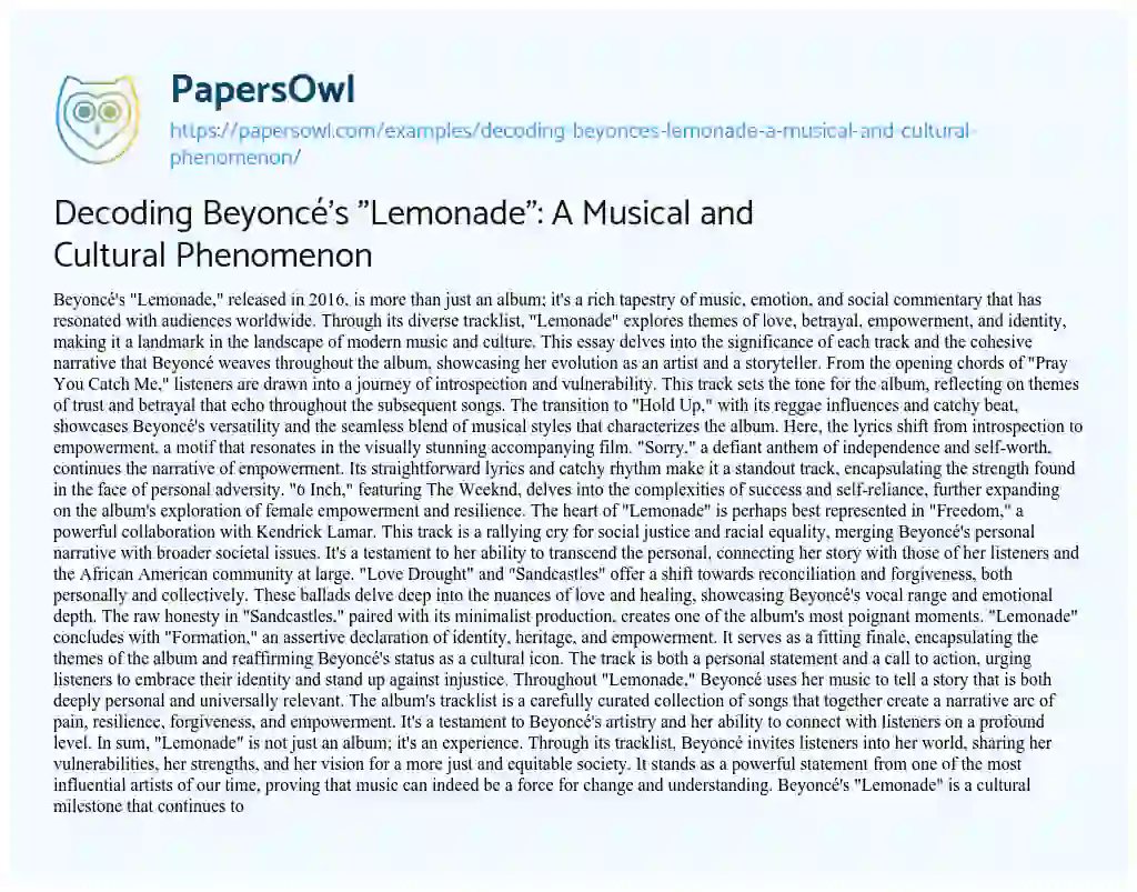 Essay on Decoding Beyoncé’s “Lemonade”: a Musical and Cultural Phenomenon