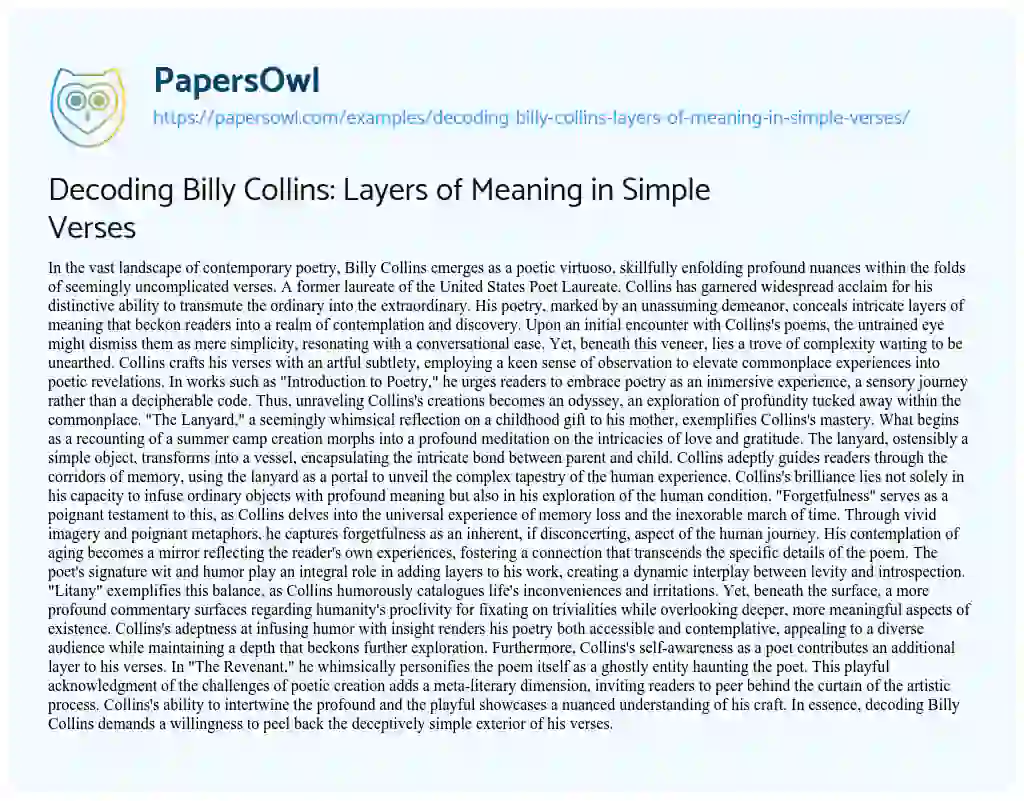 Essay on Decoding Billy Collins: Layers of Meaning in Simple Verses