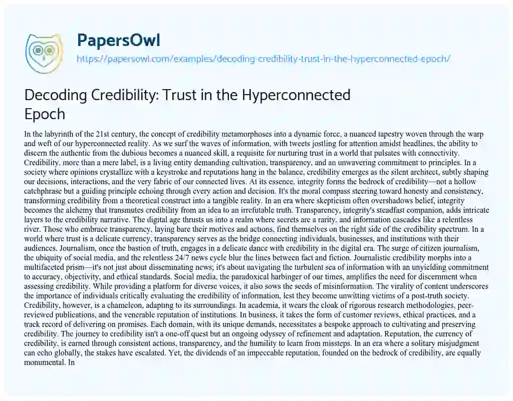 Essay on Decoding Credibility: Trust in the Hyperconnected Epoch
