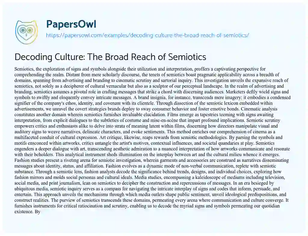 Essay on Decoding Culture: the Broad Reach of Semiotics