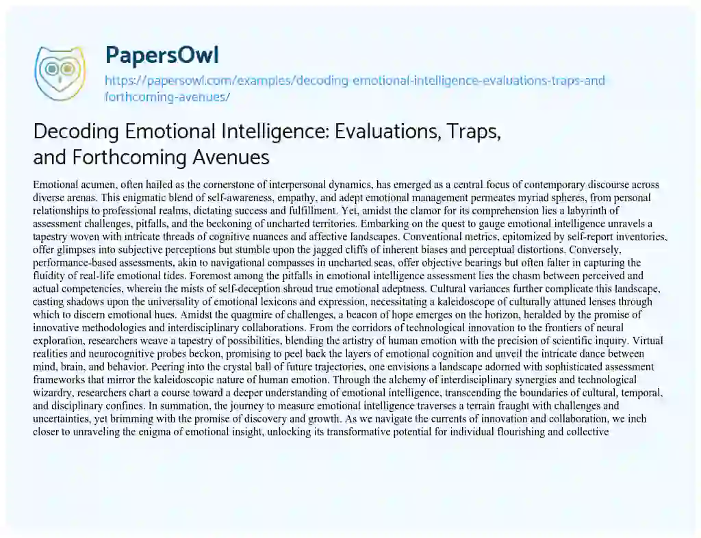 Essay on Decoding Emotional Intelligence: Evaluations, Traps, and Forthcoming Avenues