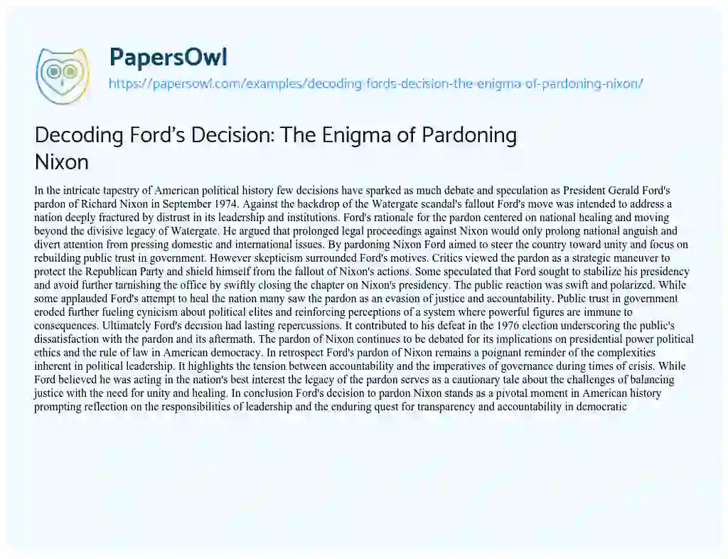 Essay on Decoding Ford’s Decision: the Enigma of Pardoning Nixon