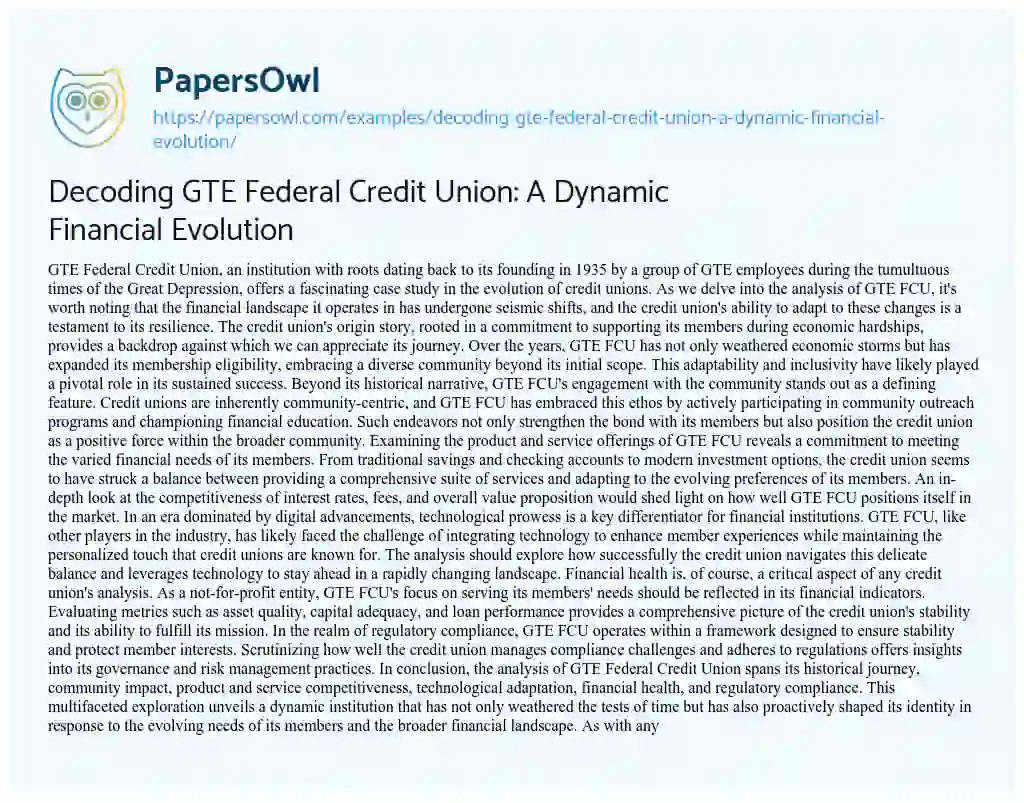 Essay on Decoding GTE Federal Credit Union: a Dynamic Financial Evolution