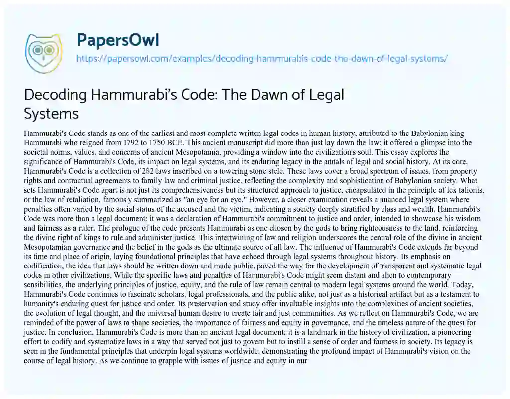 Essay on Decoding Hammurabi’s Code: the Dawn of Legal Systems