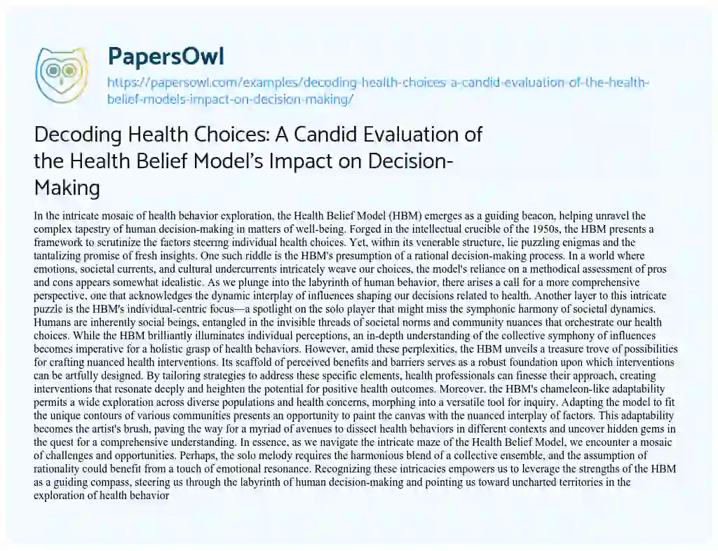 Essay on Decoding Health Choices: A Candid Evaluation of the Health Belief Model’s Impact on Decision-Making