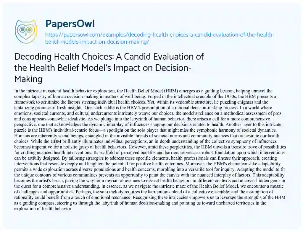 Essay on Decoding Health Choices: a Candid Evaluation of the Health Belief Model’s Impact on Decision-Making