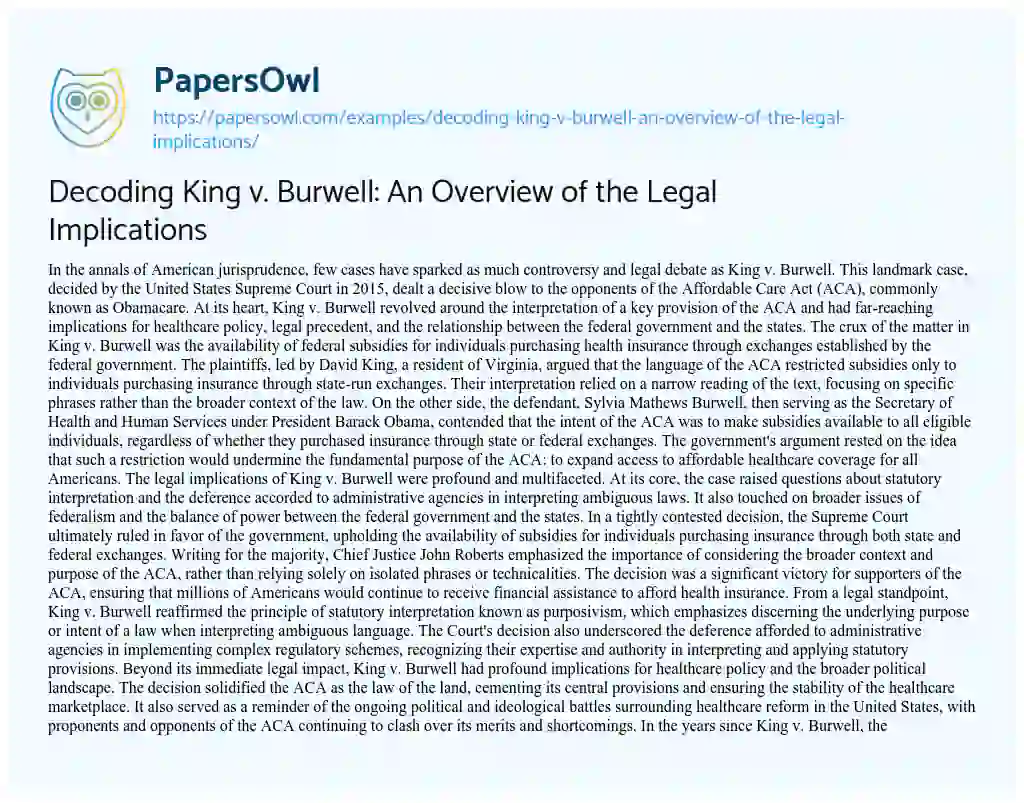 Essay on Decoding King V. Burwell: an Overview of the Legal Implications
