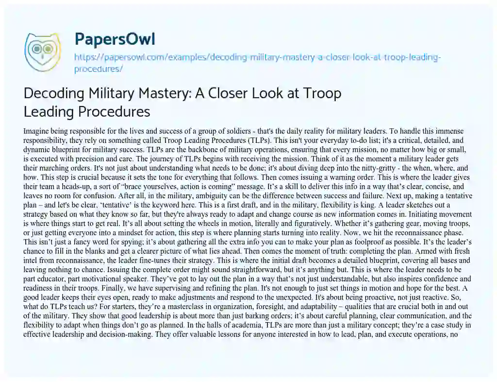 Essay on Decoding Military Mastery: a Closer Look at Troop Leading Procedures
