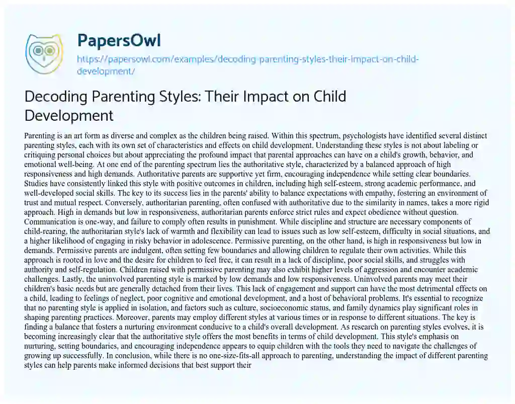 Essay on Decoding Parenting Styles: their Impact on Child Development