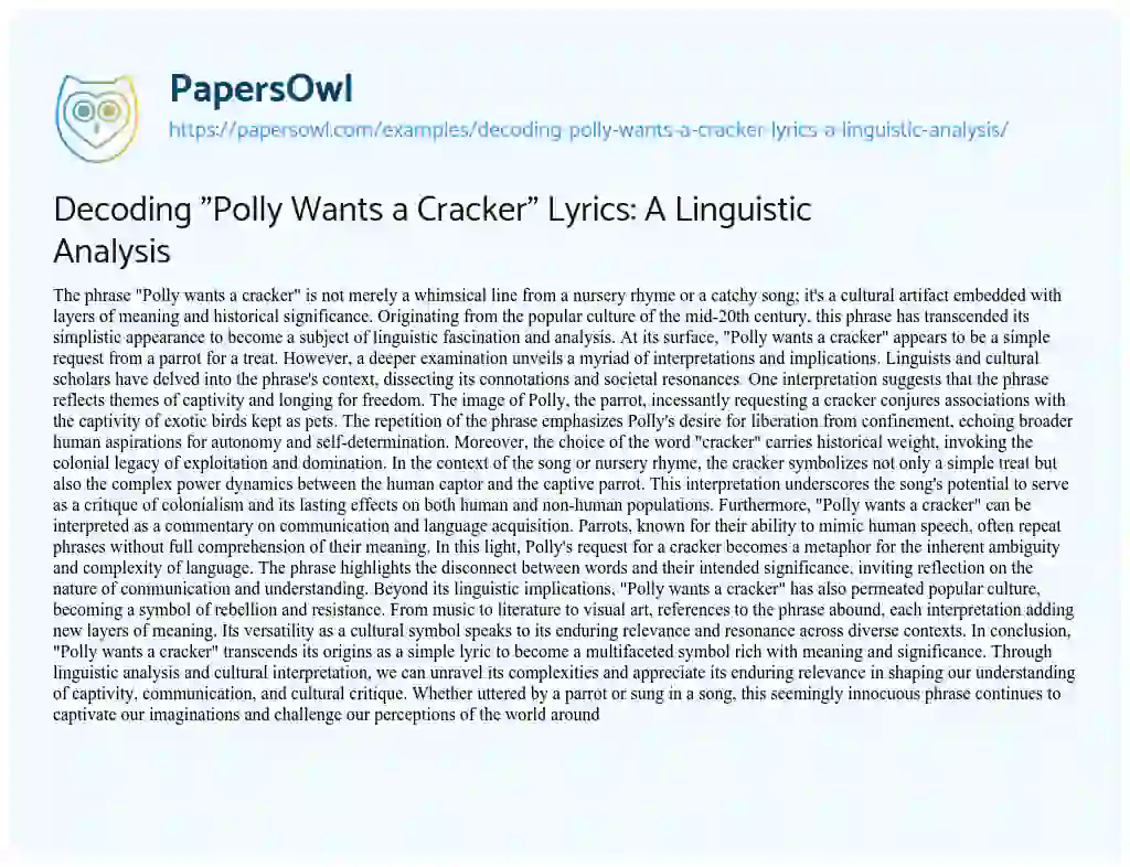 Essay on Decoding “Polly Wants a Cracker” Lyrics: A Linguistic Analysis