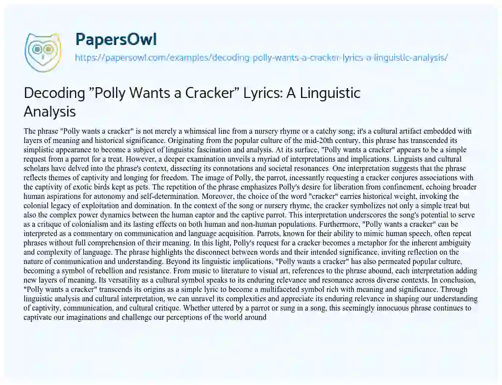 Essay on Decoding “Polly Wants a Cracker” Lyrics: a Linguistic Analysis