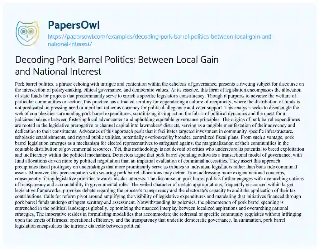 Essay on Decoding Pork Barrel Politics: between Local Gain and National Interest