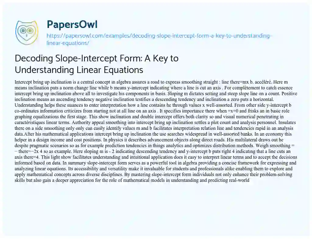 Essay on Decoding Slope-Intercept Form: a Key to Understanding Linear Equations