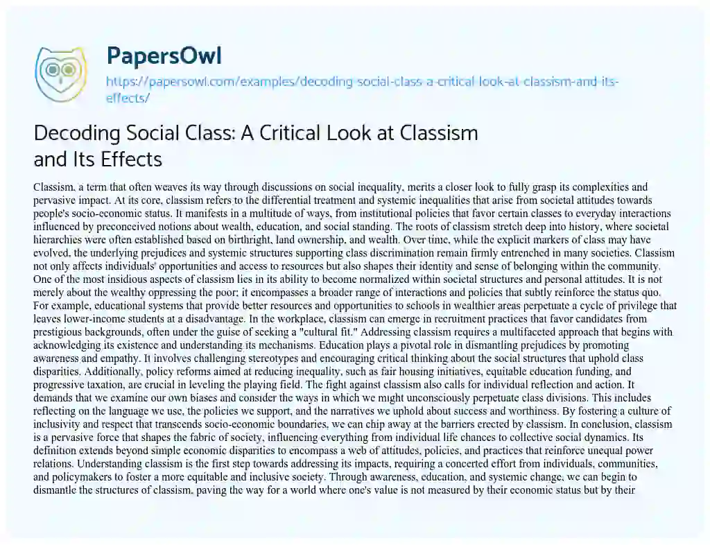 Essay on Decoding Social Class: a Critical Look at Classism and its Effects