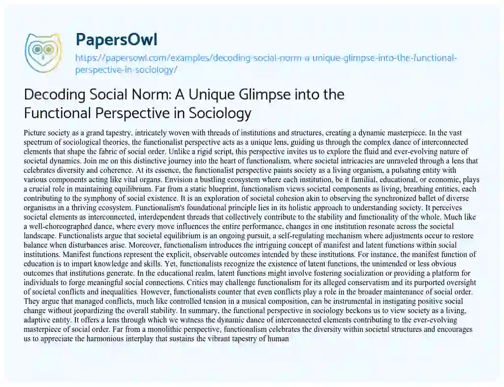 Essay on Decoding Social Norm: a Unique Glimpse into the Functional Perspective in Sociology