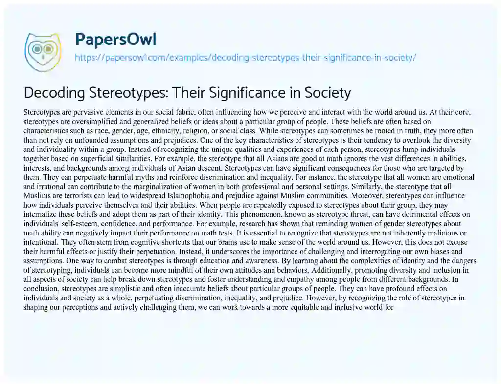 Essay on Decoding Stereotypes: their Significance in Society