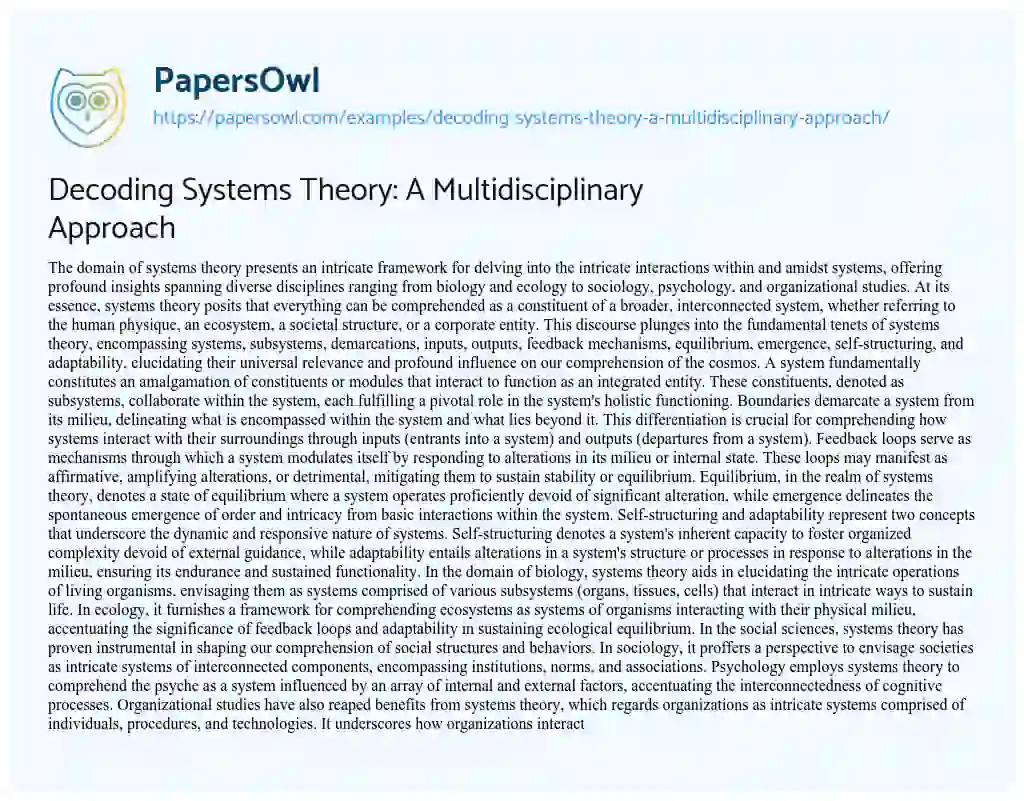 Essay on Decoding Systems Theory: a Multidisciplinary Approach