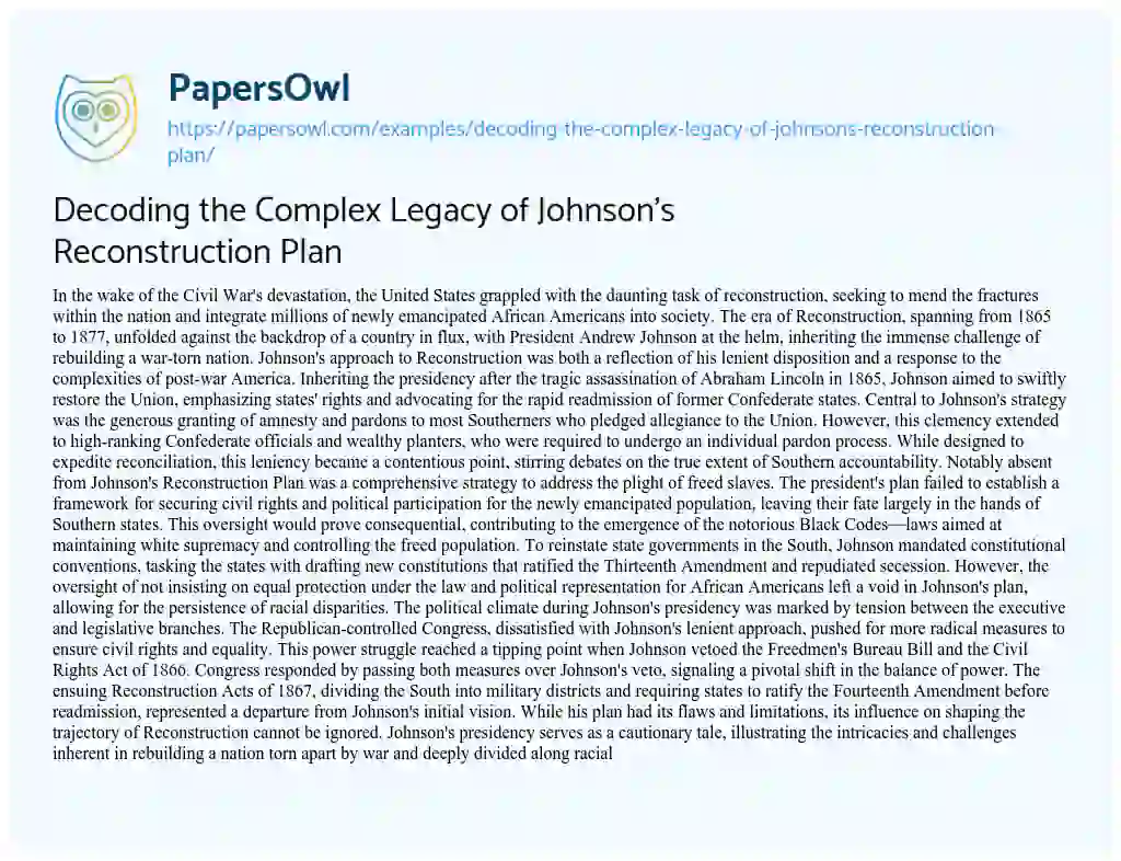 Essay on Decoding the Complex Legacy of Johnson’s Reconstruction Plan