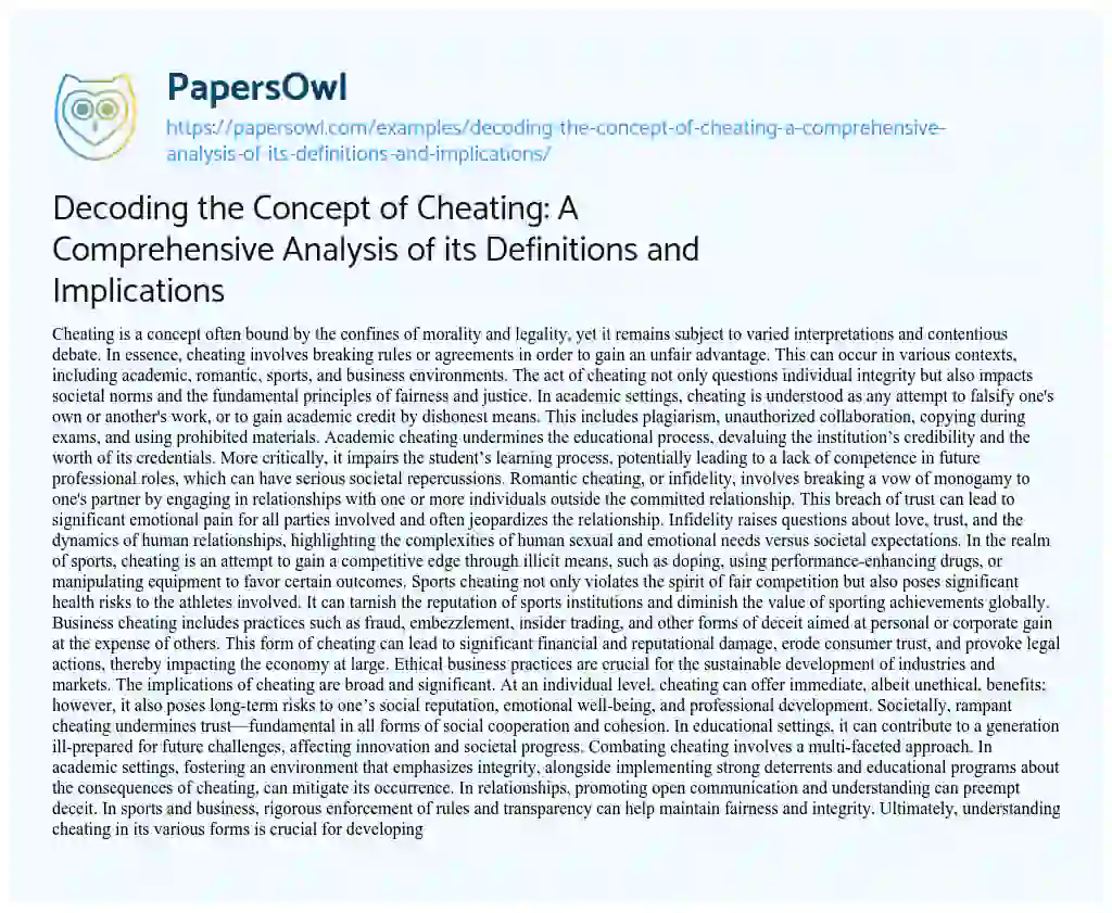 Essay on Decoding the Concept of Cheating: a Comprehensive Analysis of its Definitions and Implications