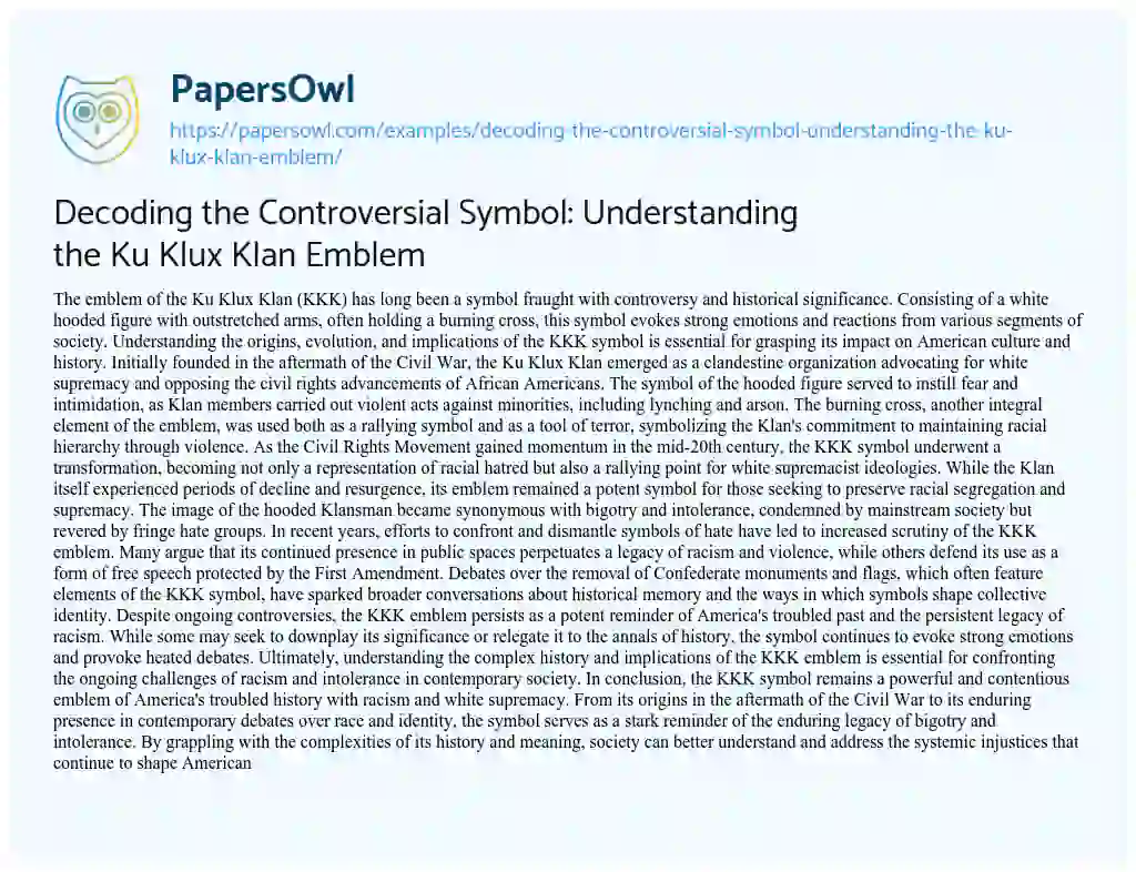 Essay on Decoding the Controversial Symbol: Understanding the Ku Klux Klan Emblem
