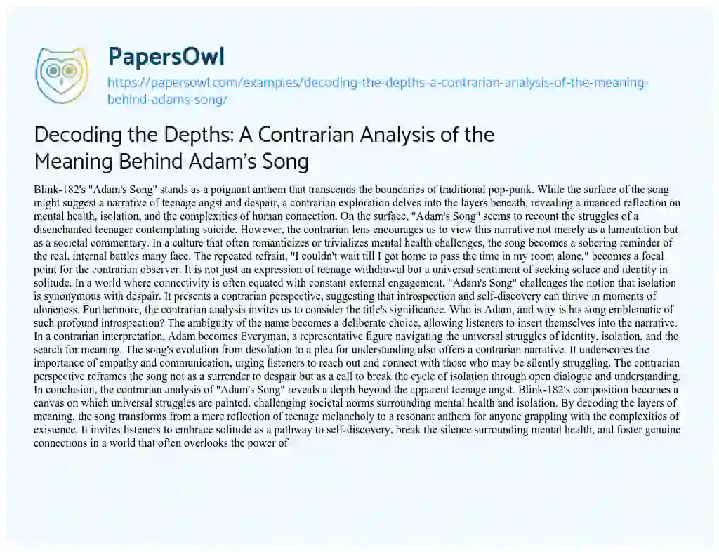 Essay on Decoding the Depths: a Contrarian Analysis of the Meaning Behind Adam’s Song