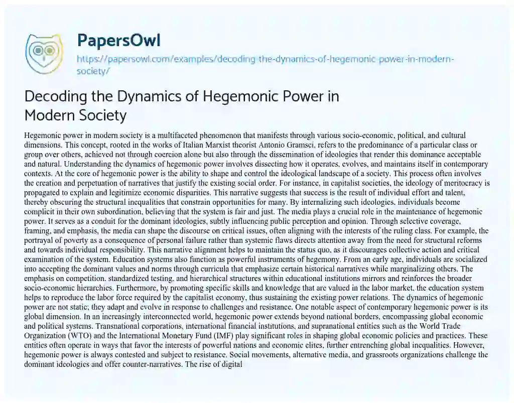 Essay on Decoding the Dynamics of Hegemonic Power in Modern Society