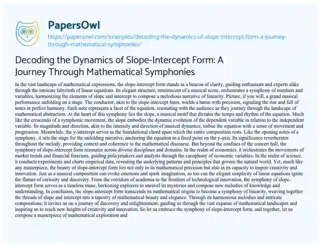 Essay on Decoding the Dynamics of Slope-Intercept Form: a Journey through Mathematical Symphonies