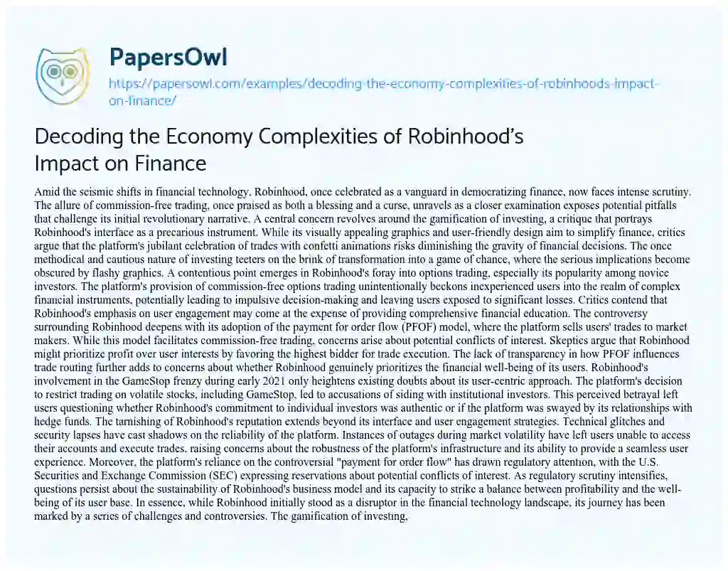 Essay on Decoding the Economy Complexities of Robinhood’s Impact on Finance