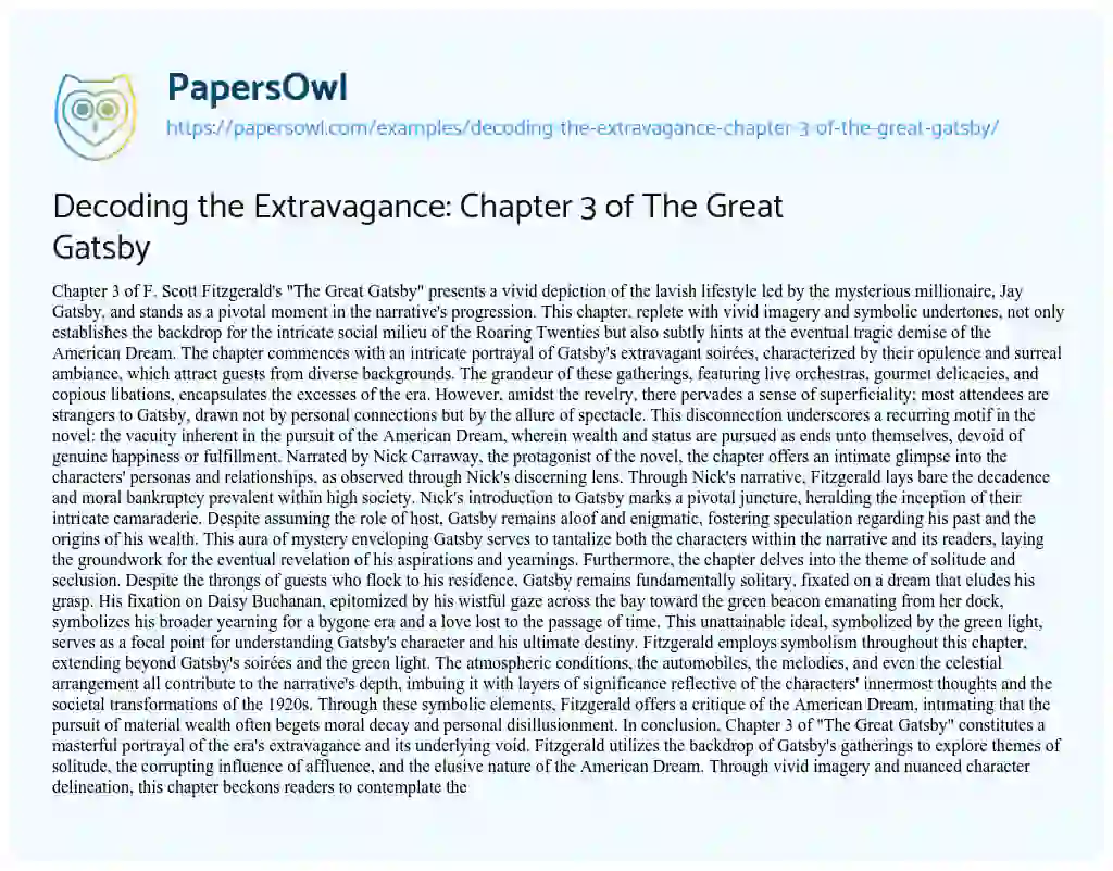 Essay on Decoding the Extravagance: Chapter 3 of the Great Gatsby