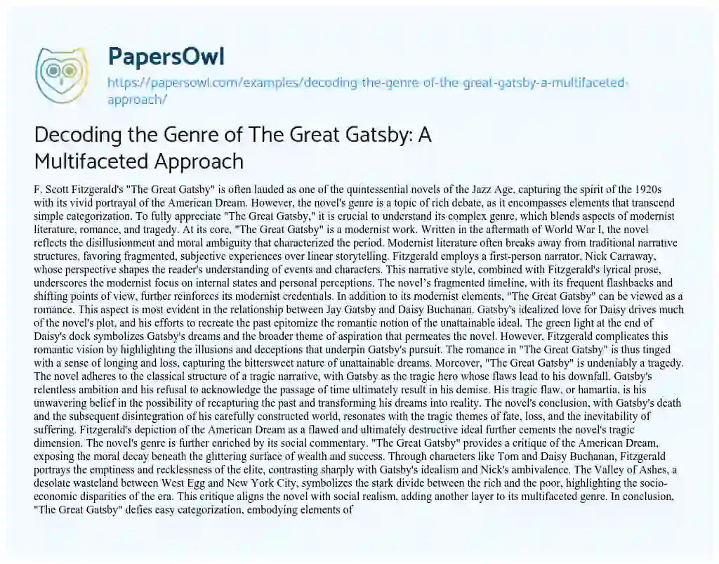 Essay on Decoding the Genre of the Great Gatsby: a Multifaceted Approach