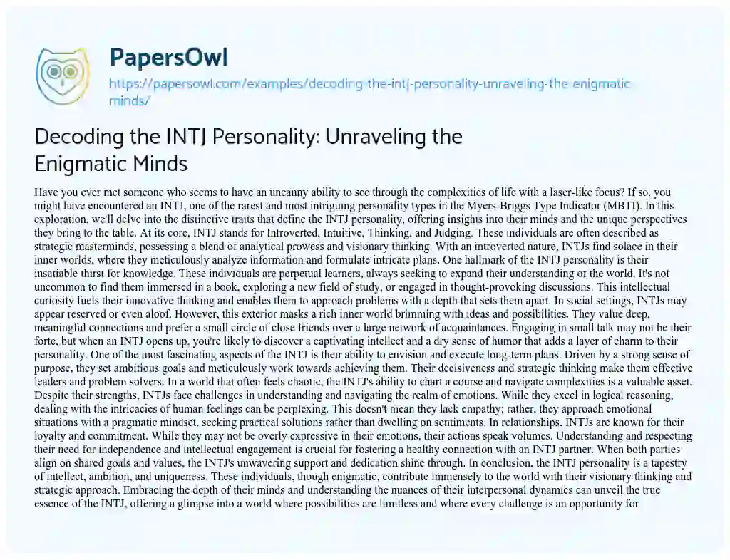 Essay on Decoding the INTJ Personality: Unraveling the Enigmatic Minds